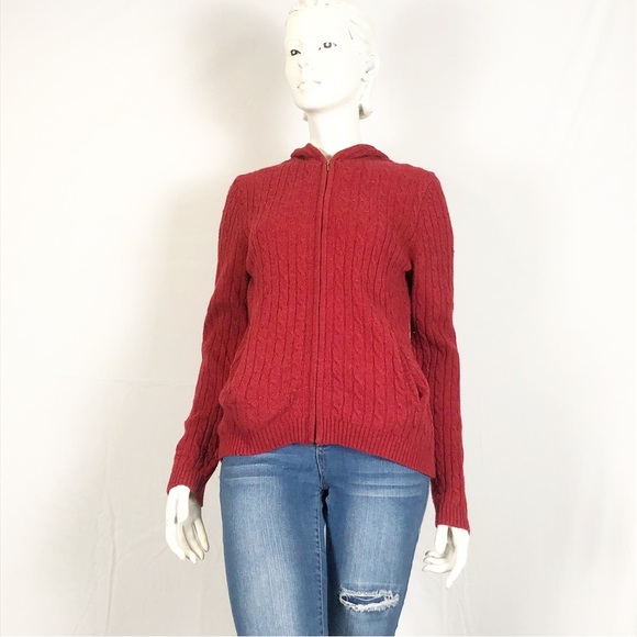 ❤️ Vintage L.L. Bean Red Lambswool Zip Hoodie | 90s Cable Knit | Size Small - Picture 8 of 9